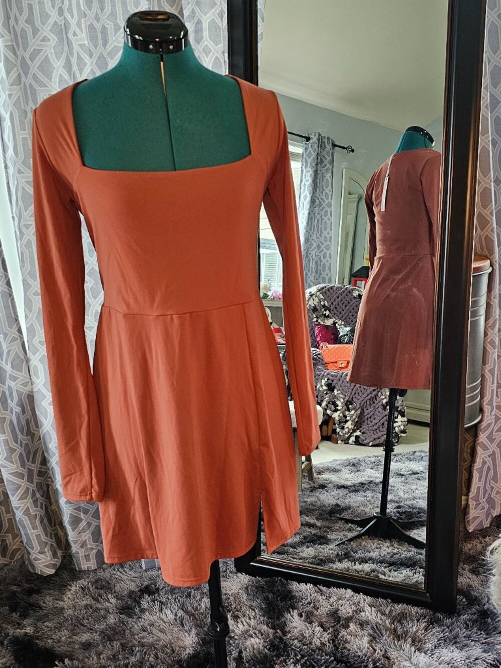 Qinsen Rust/Terracotta Long‑Sleeve Ruched Bodycon Dress – Size XL – NWT